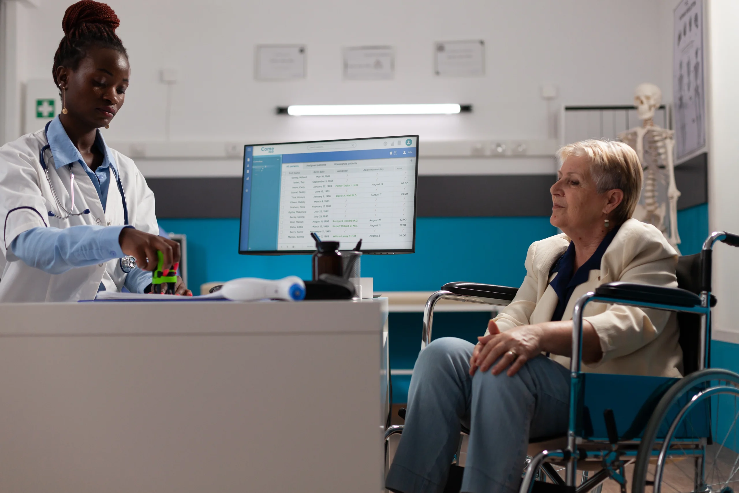 sick-senior-pensioner-woman-wheelchair-explaining-disease-symptoms-therapist-doctor-medical-appointment-hospital-office-physician-medic-stamping-medication-treatment-prescription